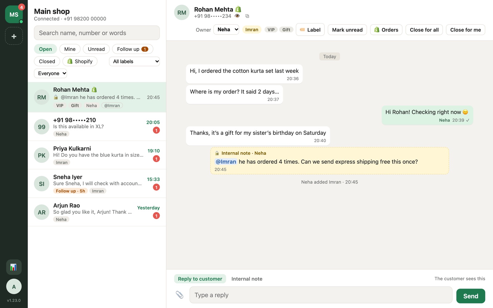 The oneCommerce inbox: a list of customer chats with owners and labels, and an open chat with an internal note tagging a colleague