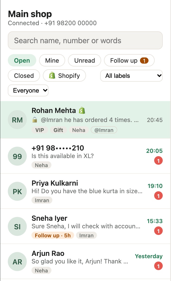 The chat list: each chat shows its owner, unread messages, labels and a Follow up flag