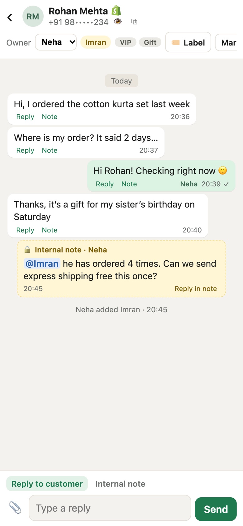 The inbox on a phone, showing a customer chat and an internal note